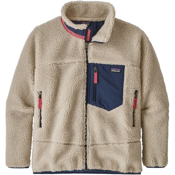 Patagonia Jackets & Blazers - Patagonia Beige Sherpa Fleece Jacket with Navy & Pink Accents